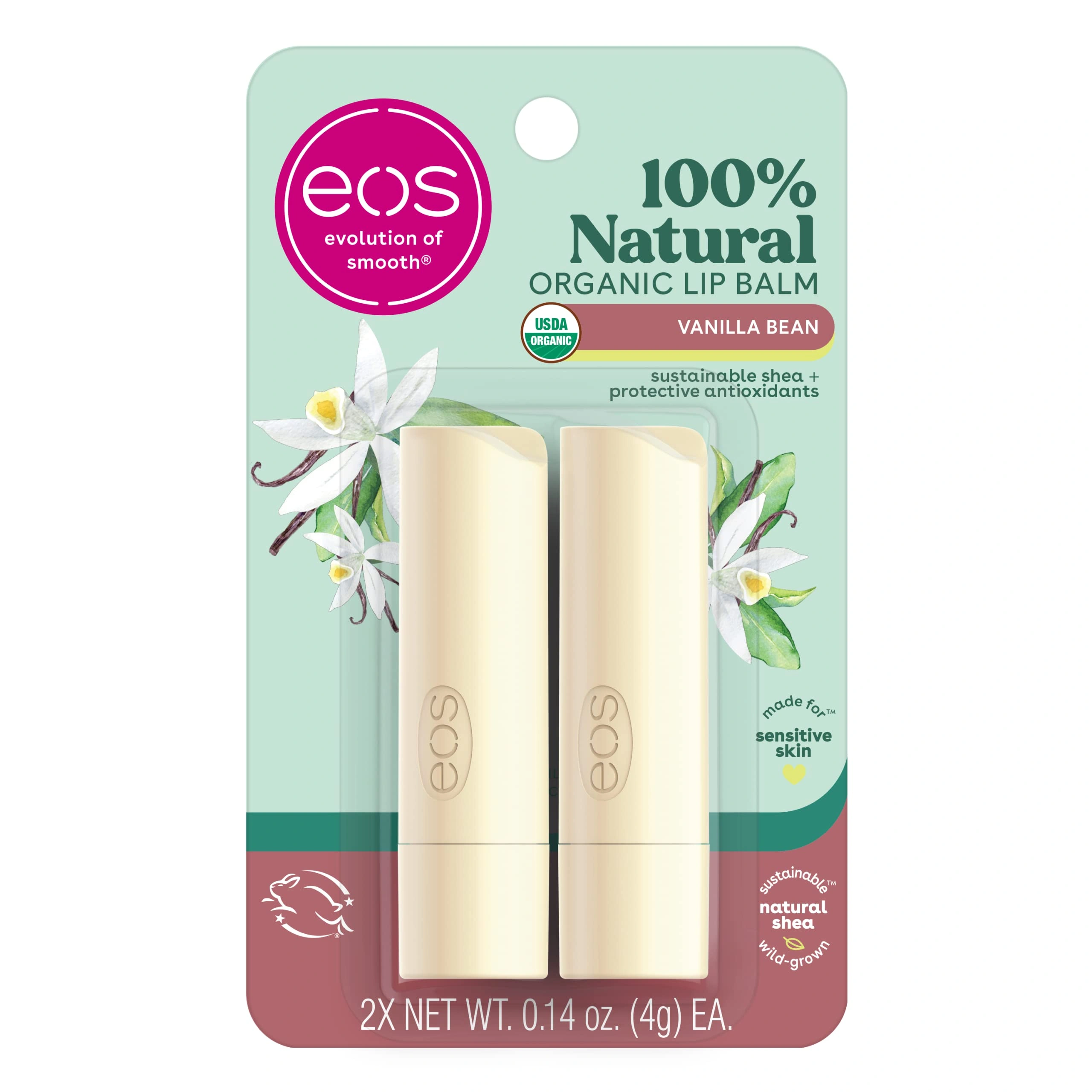Eos, 100% Természetes & Organikus Ajakbalzsam Stift – Vanília Bab, Organikus ajakbalzsam, 2 x 4g