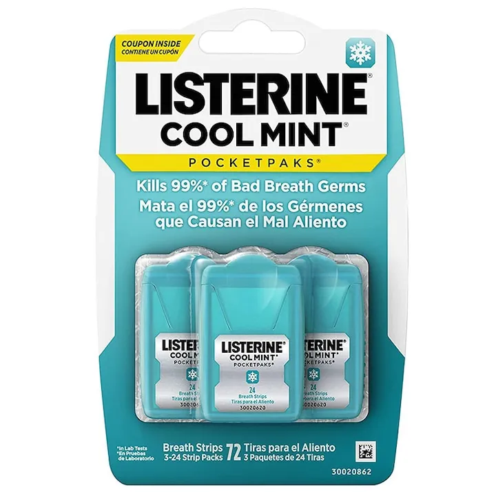 Listerine, PocketPaks Cool Mint Breath Strips, Azonnali frissítő csíkok, 3 x 24 tapasz