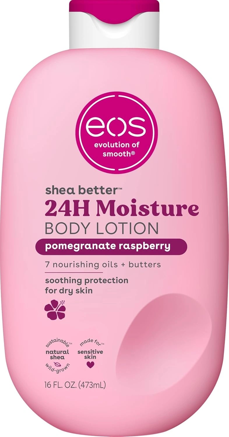 Eos, Shea Better Body Lotion Pomegranate Raspberry, sheavajjal hidratáló testápoló, vegán, 473 ml