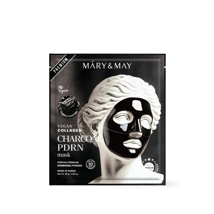 Mary& May Vegan Kollagén Aktív Szén PDRN Maszk, Hidrogél tisztító és feszesítő maszk, 30g x 4
