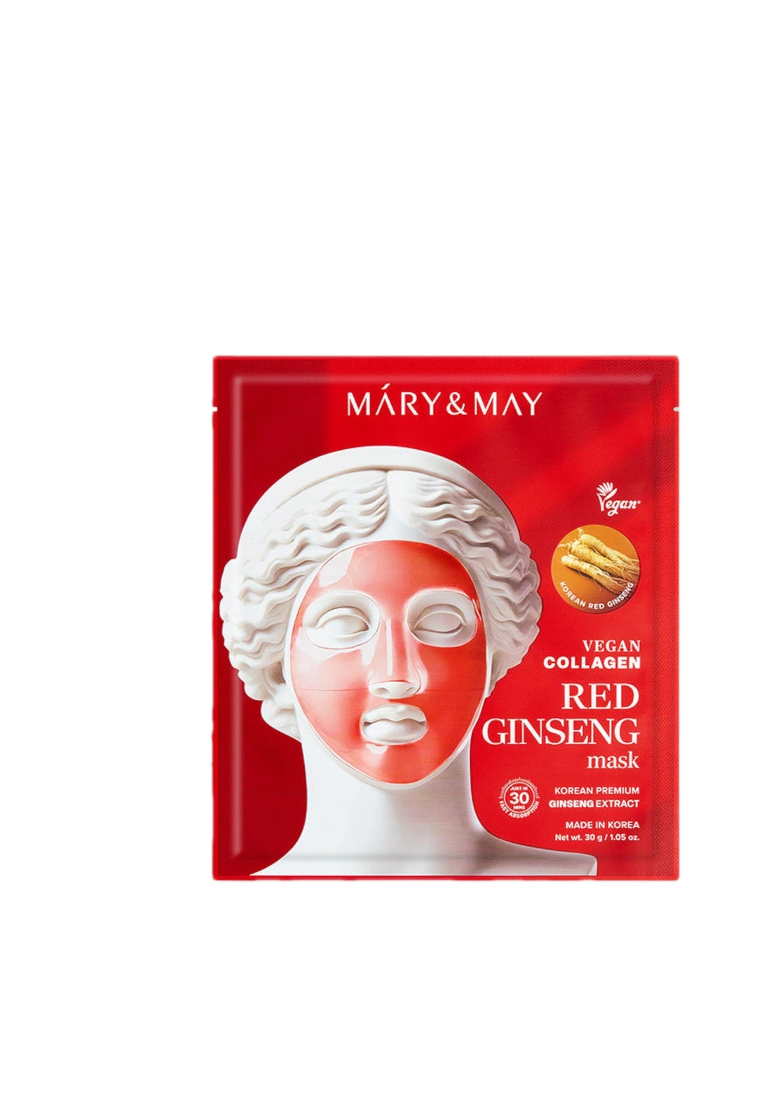 Mary& May Vegán Kollagén Piros Ginseng Maszk, Revitalizálás és feszesség, 30g