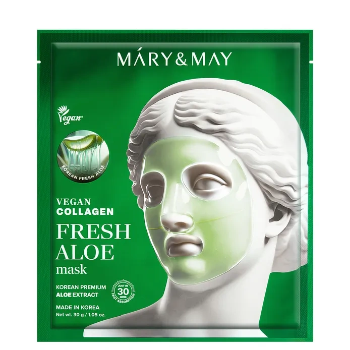 Mary& May Vegán Kollagén Friss Aloe Maszk, Nyugtató és feszesítő maszk, 30g