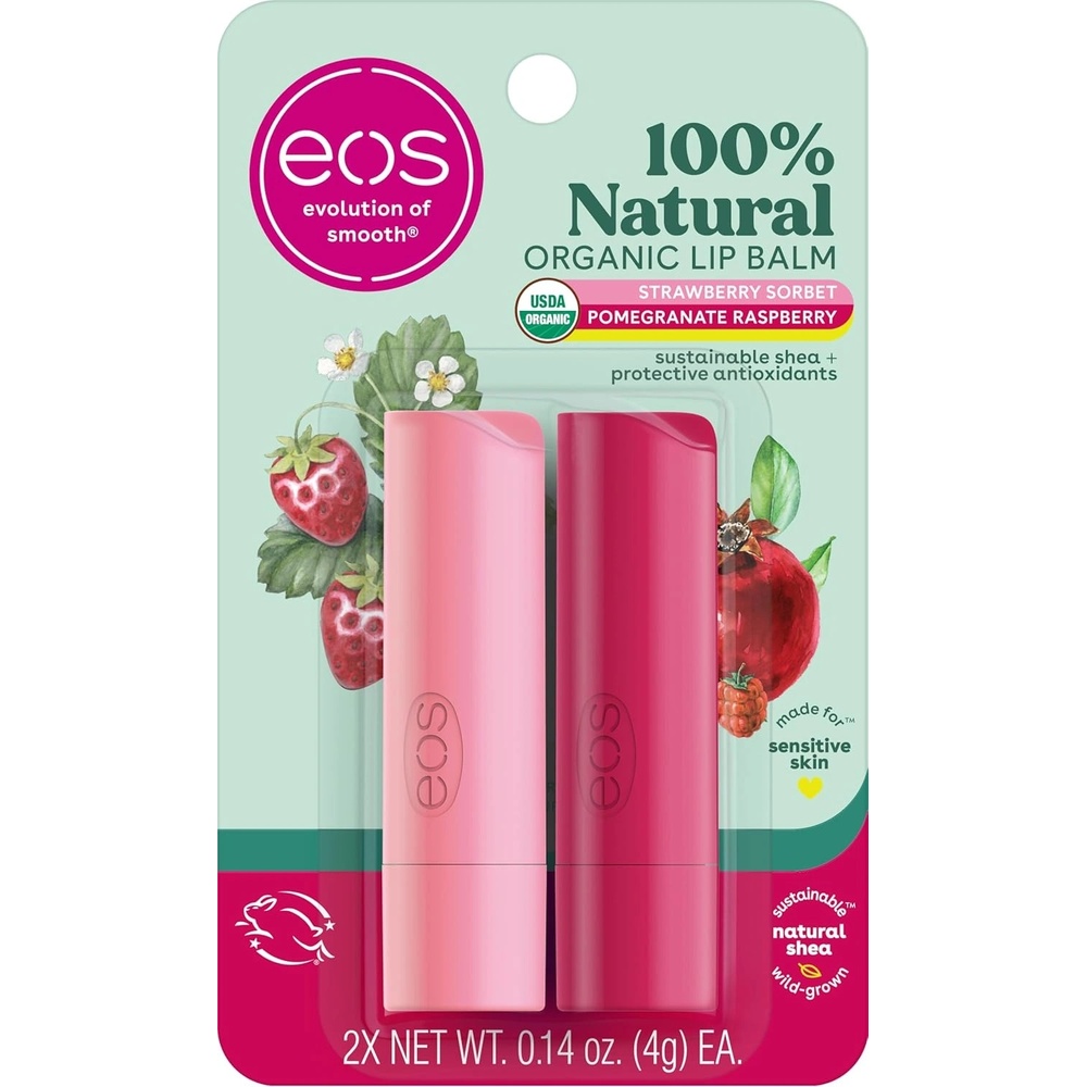 Eos Természetes Shea Ajkbalzsam Eper Sorbet & Málna Gránátalma, Ajkbalzsam Készlet, 2 x 4 g