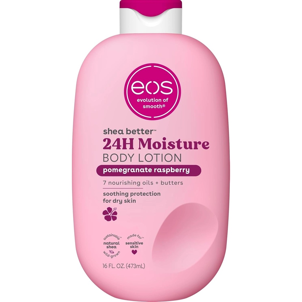 Eos, Shea Better Body Lotion Pomegranate Raspberry, sheavajjal hidratáló testápoló, vegán, 473 ml
